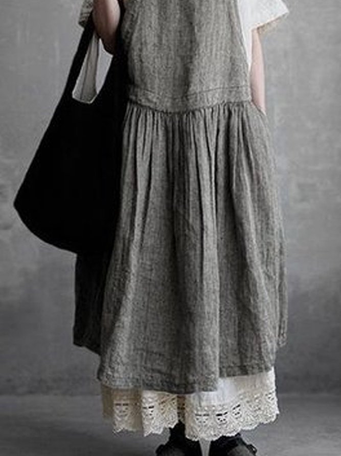 Square Neck Cotton-Blend Sleeveless Solid Weaving Dress
