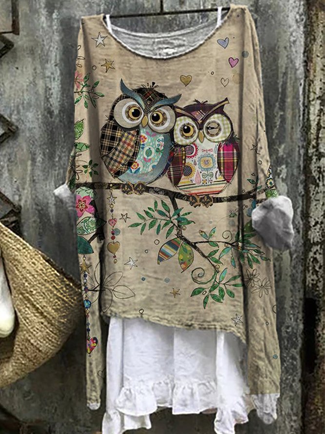 Cotton-Blend Crew Neck Animal Long Sleeve Top