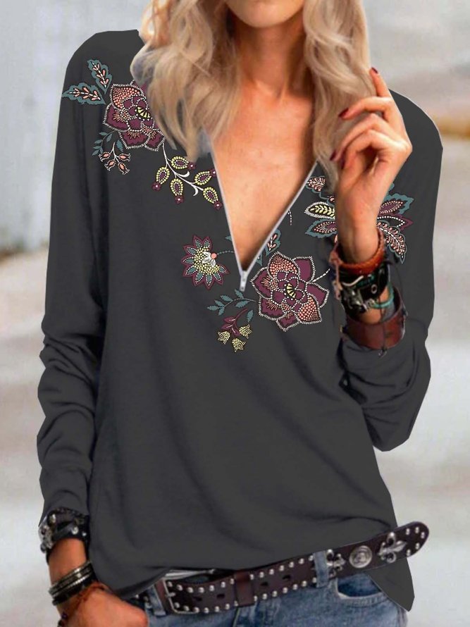 Floral Long Sleeve  Printed  Cotton-blend V neck  Casual  Spring Fall  Black Top