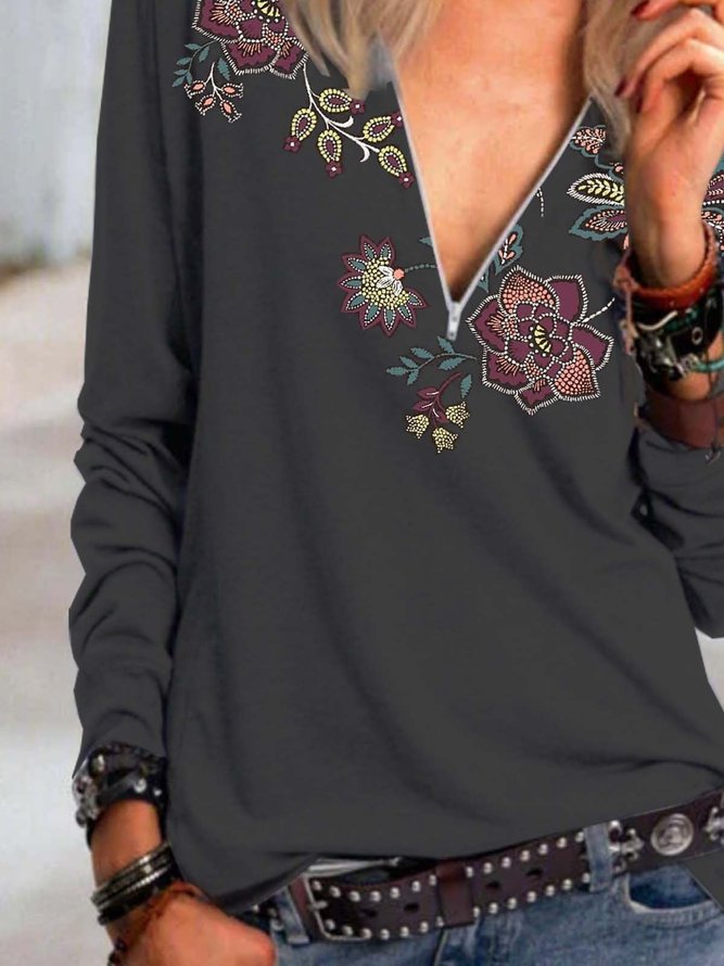 Floral Long Sleeve  Printed  Cotton-blend V neck  Casual  Spring Fall  Black Top