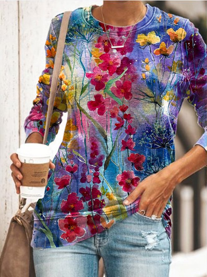 Women Colorful Flower Print Crew Neck Long Sleeves Shirt