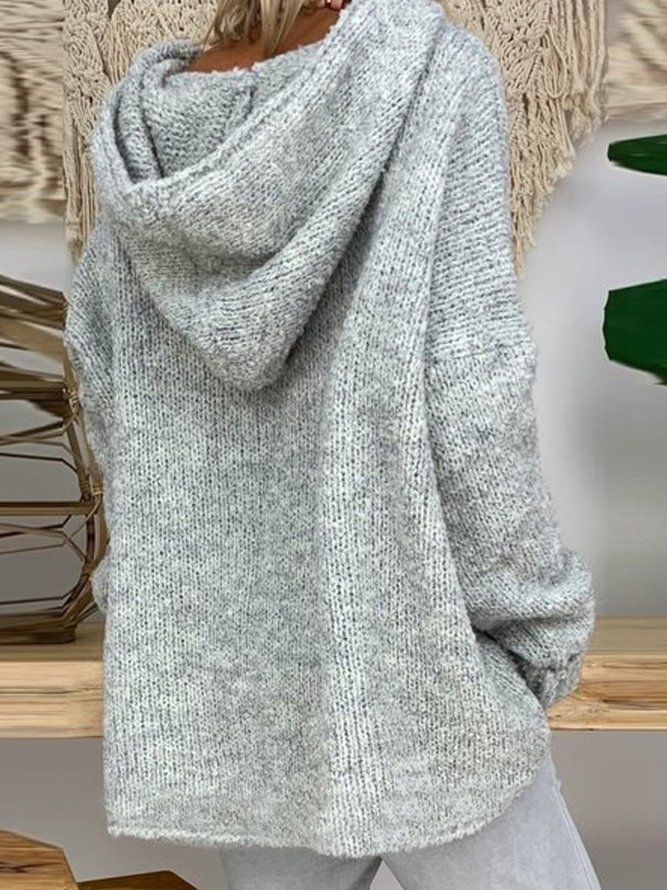 Casual Solid Shift Knitted Hoodie Sweater