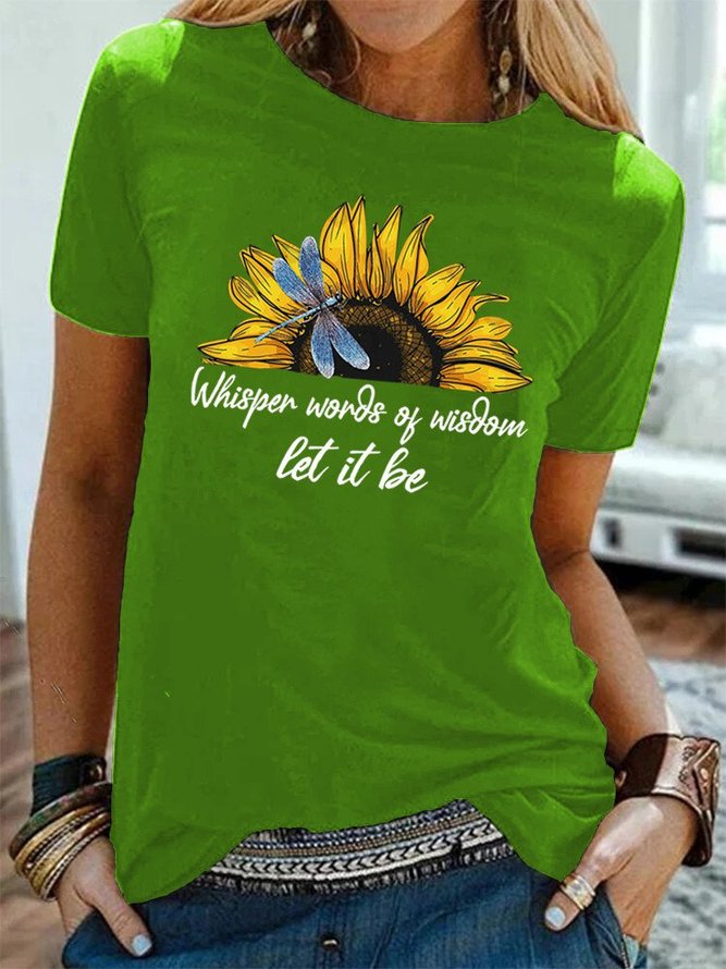 Sunflower Dragon-fly Print Crew Neck Short Sleeve Casual T