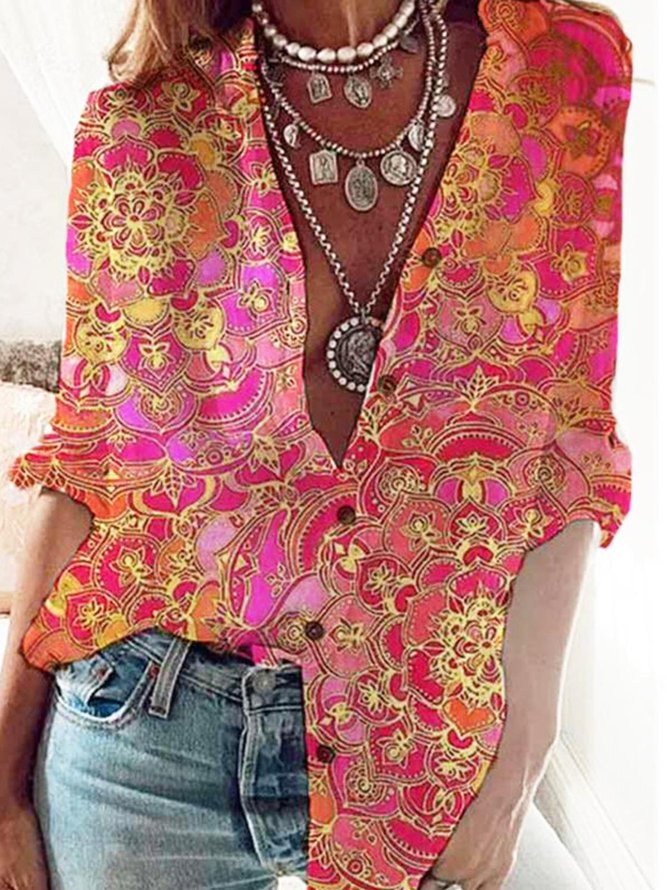 Women Vintage Floral Print Shirt Collar Long Sleeve Shirts | Tops ...