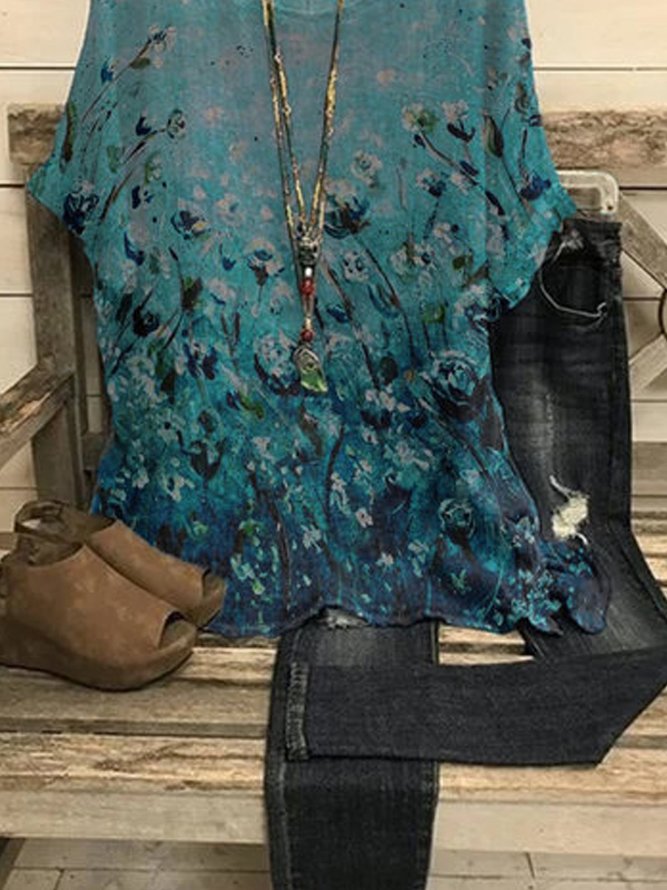 Floral Short Sleeve Crew Neck Casual Blouses & Shirts