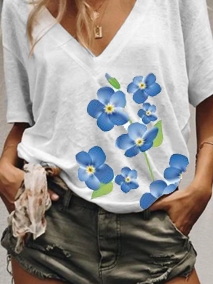 V Neck Short Sleeve Myosotis alpestris Floral Shift T-shirt