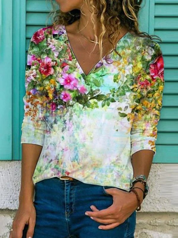 Casual Long Sleeve V Neck Floral-Print T-shirt