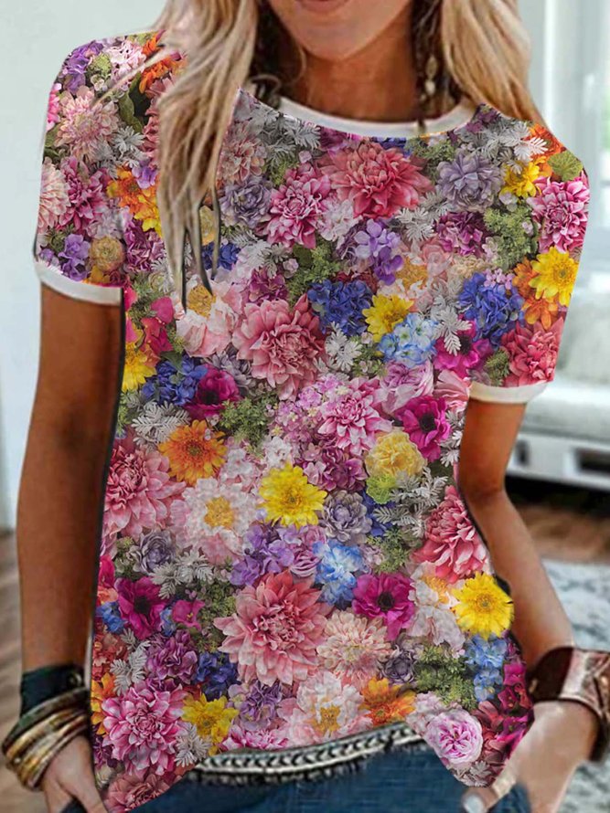 Floral  Short Sleeve Printed  Cotton-blend Crew Neck  Casual  Summer  Pink Top
