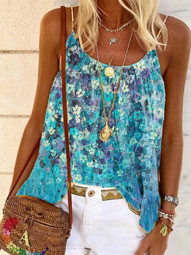 Cotton-Blend Sleeveless Floral Floral-Print Tops