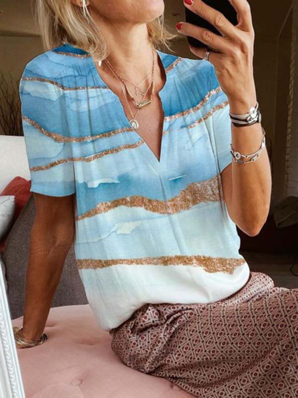 Printed Casual V Neck Cotton-Blend Tops