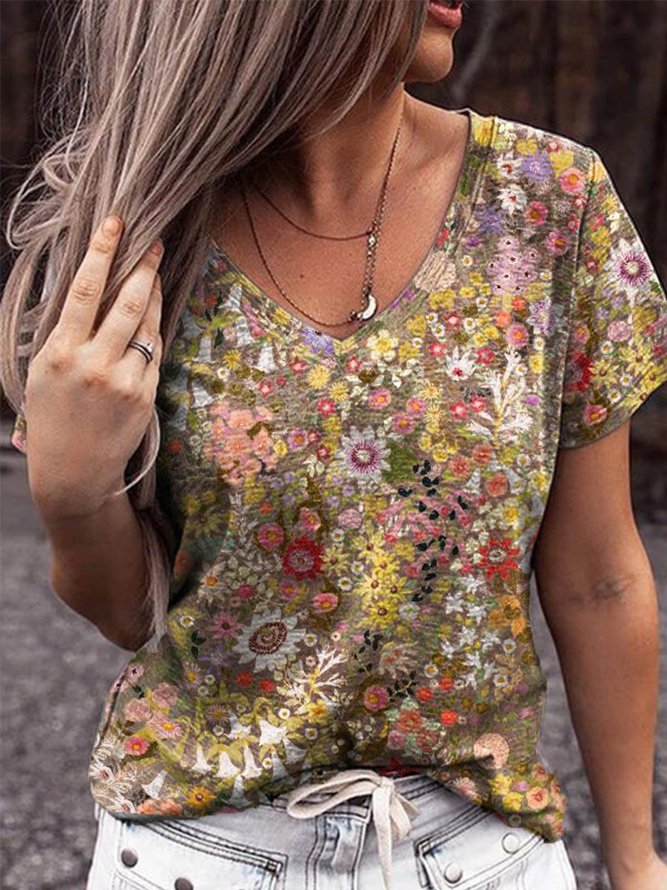 Women Summer Casual Floral-Print Short Sleeve  Tops