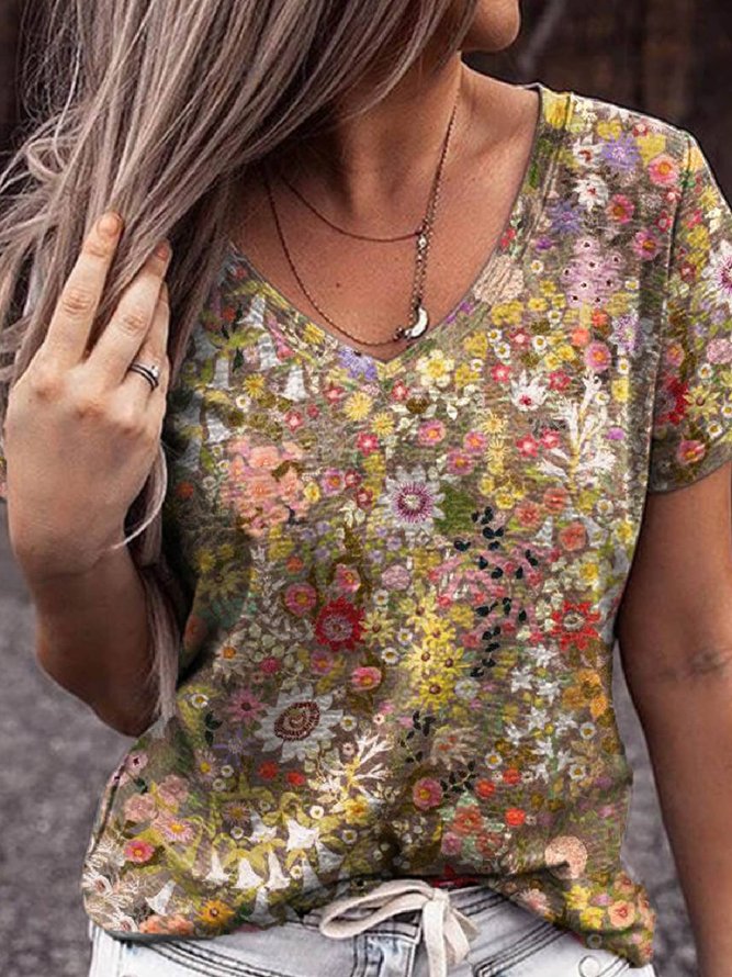 Women Summer Casual Floral-Print Short Sleeve  Tops