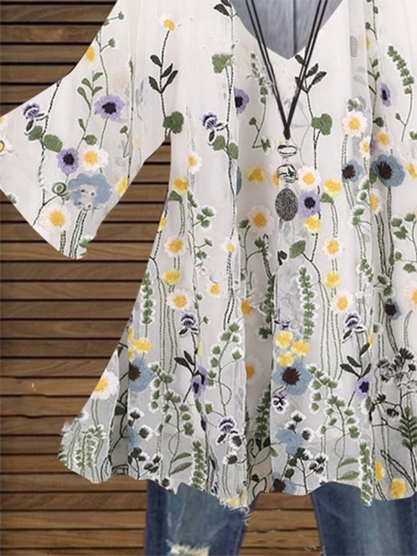 Floral-Print Casual Short Sleeve V Neck Tops