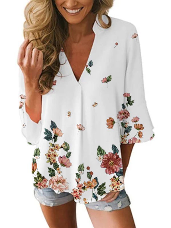 Cotton-Blend Short Sleeve V Neck Top