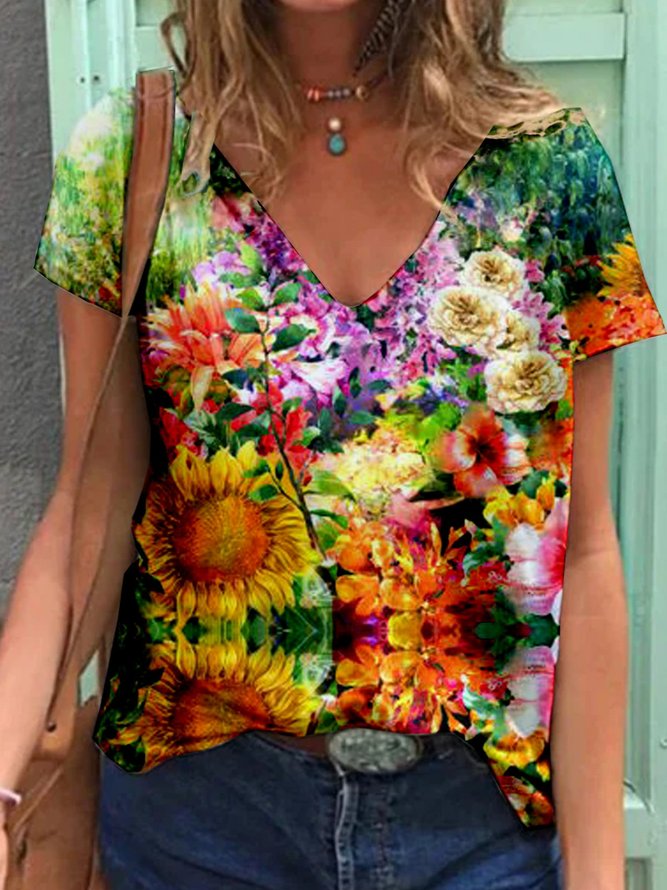 Floral  Short Sleeve  Printed  Cotton-blend  V neck  Casual  Summer  Yellow Top