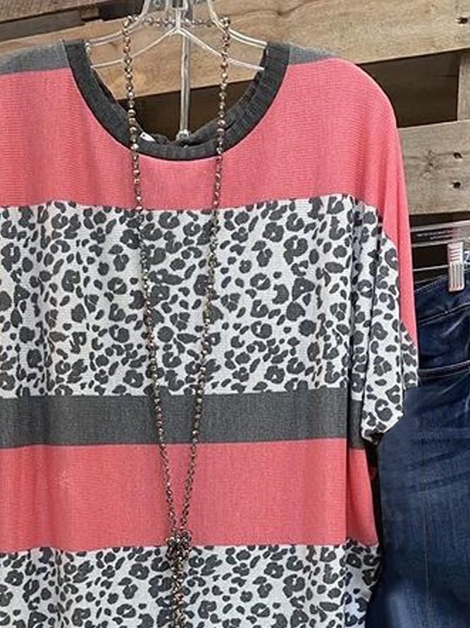 Striped Leopard  Short Sleeve  Printed  Cotton-blend  Crew Neck  Casual Summer  Red Top