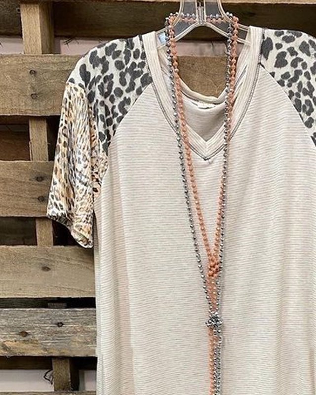 Leopard Short Sleeve  Printed  Cotton-blend  V neck  Casual  Summer  Light Khaki Top