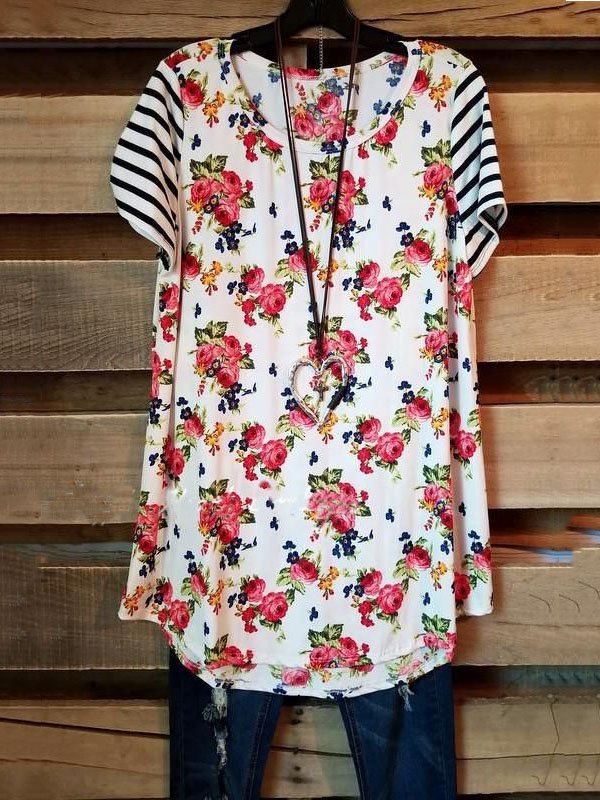 Crew Neck Casual Short Sleeve Floral-Print T-shirt