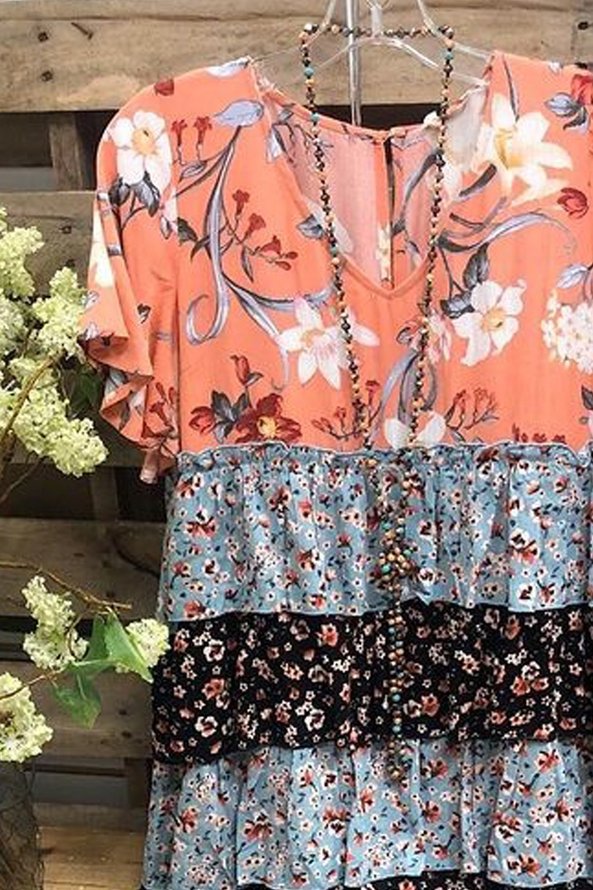 Floral  Short Sleeve  Printed  Polyester  V neck  Casual  Summer  Orange Top