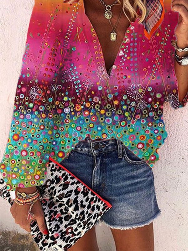 V Neck Printed Casual Tops