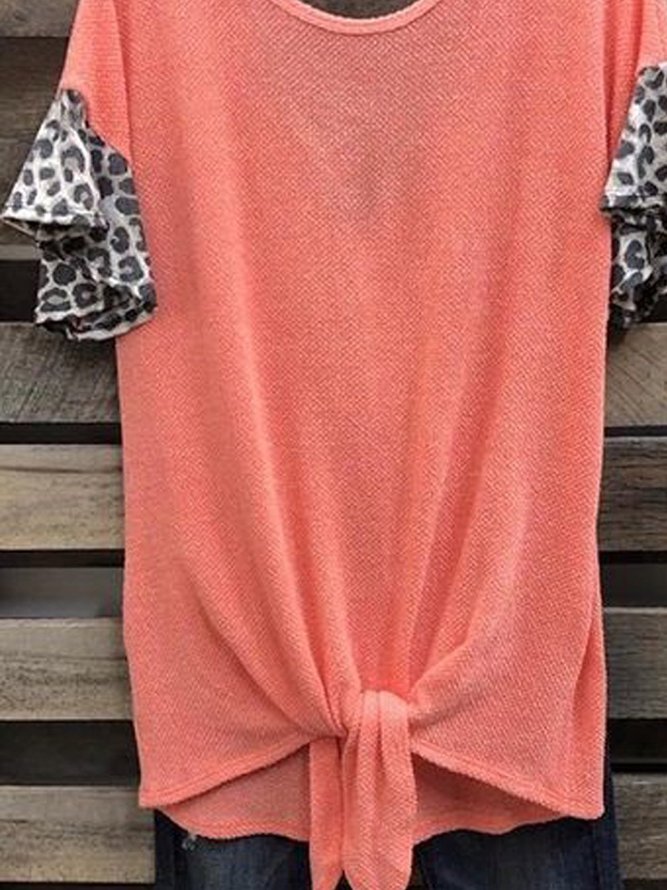 Leopard  Short Sleeve  Drawcord  Cotton-blend Crew Neck Casual  Summer  Orange Top