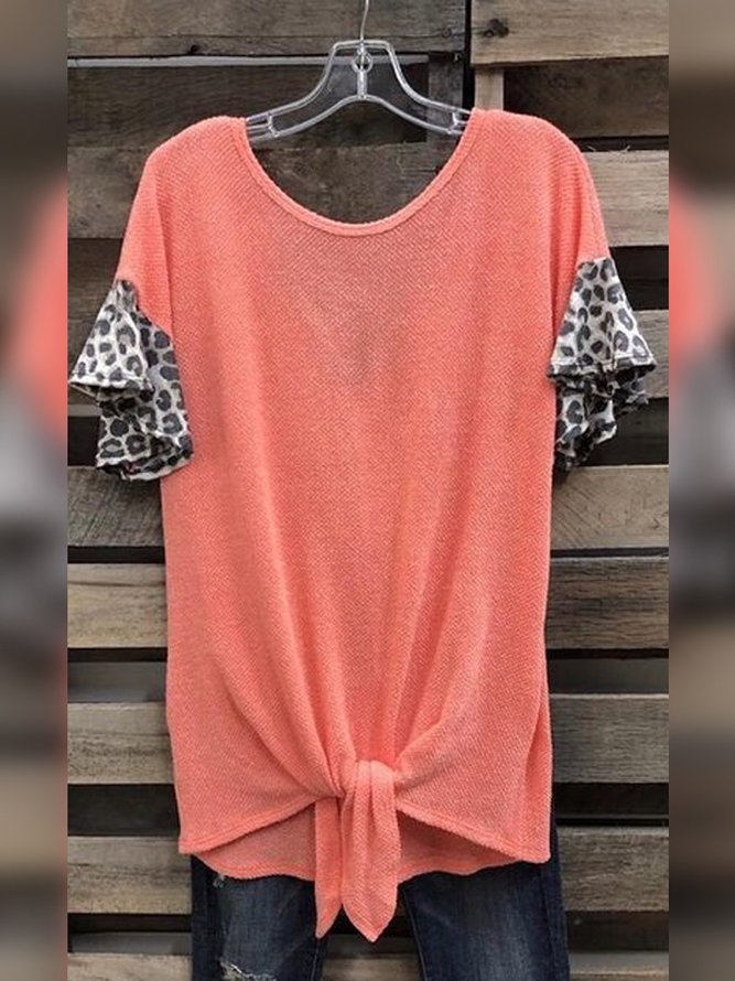 Leopard  Short Sleeve  Drawcord  Cotton-blend Crew Neck Casual  Summer  Orange Top