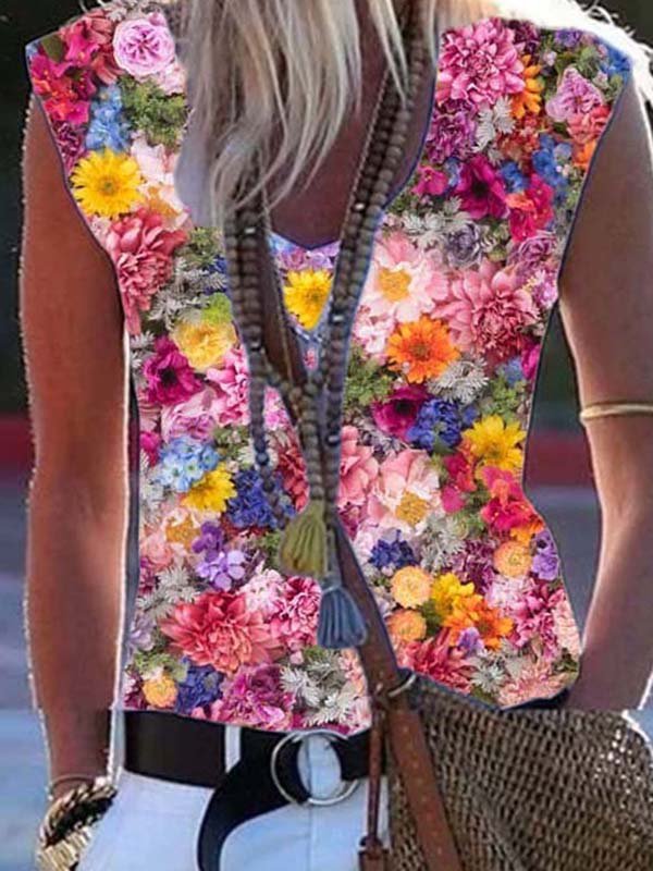 Casual Floral-Print Sleeveless Cotton-Blend Shirts & Tops