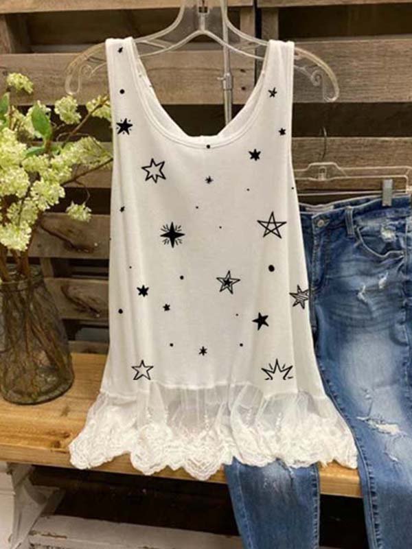 Printed Casual Crew Neck Sleeveless Cotton-Blend T-shirt