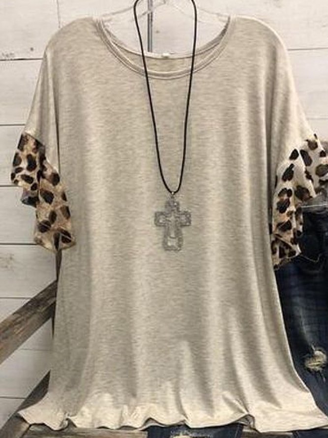 Leopard  Short Sleeve  Printed Cotton-blend  Crew Neck  Casual  Summer  Beige Top