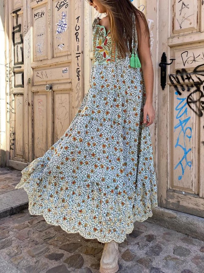 Cotton-Blend Floral-Print Basic Sleeveless Dresses | zolucky