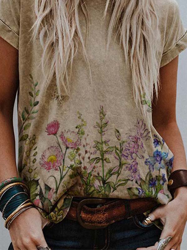Crew Neck Floral-Print Cotton-Blend Short Sleeve T-shirt