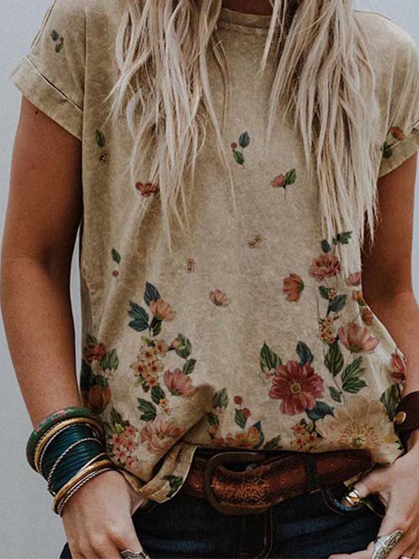 Cotton-Blend Floral-Print Short Sleeve Crew Neck T-shirt