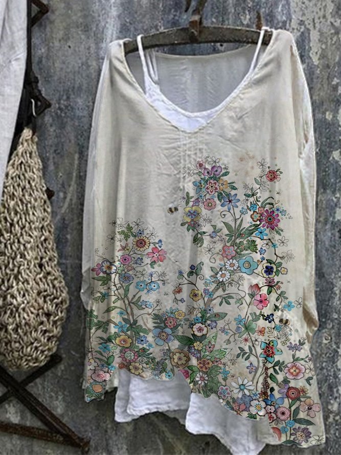 A-Line Floral 3/4 Sleeve Casual Tops