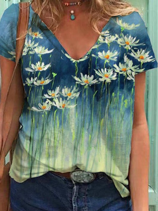 Women's Summer Casual Floral-Print V Neck Short Sleeve Shift T-Shirts ...