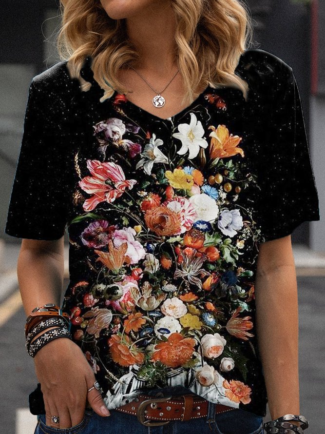 Cotton-Blend Short Sleeve Printed Floral Tops
