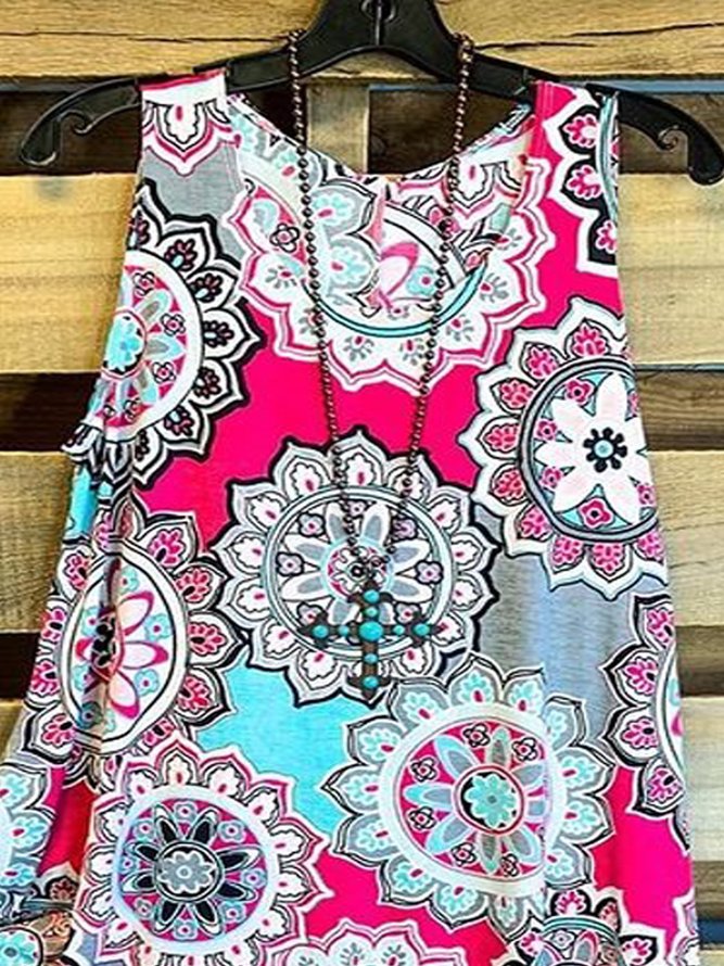 Paisley  Sleeveless  Printed  Cotton-blend  Crew Neck  Casual  Summer  Pink Top