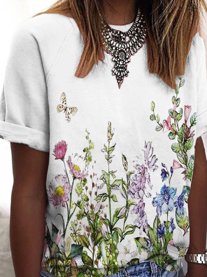 Floral-Print Short Sleeve Cotton-Blend Crew Neck T-shirt