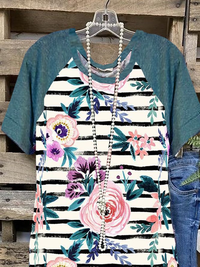 Floral  Short Sleeve  Printed  Cotton-blend  Crew Neck  Casual  Summer  Blue Top