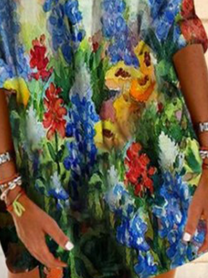 Floral Long Sleeve Floral-Print Shirt Collar Blouse