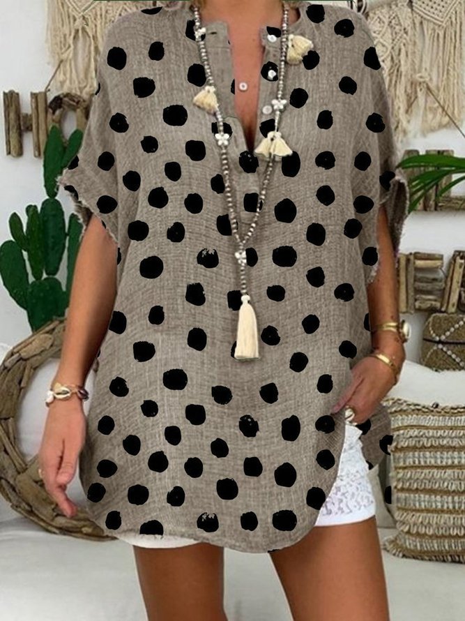 Khaki Polka Dots V Neck Printed Casual Shift Half Sleeve Top