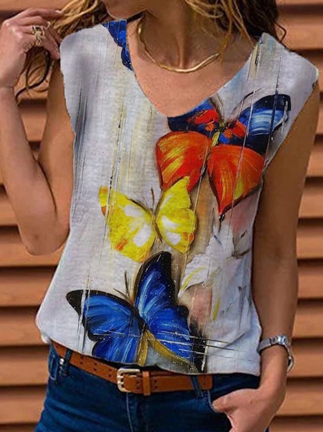 Butterfly Oil Painting Art Sleeveless Casual V Neck T-shirt