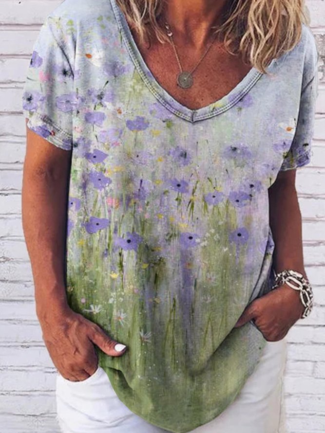 Oil Painting Flower Texture Shift Short Sleeve T-shirt