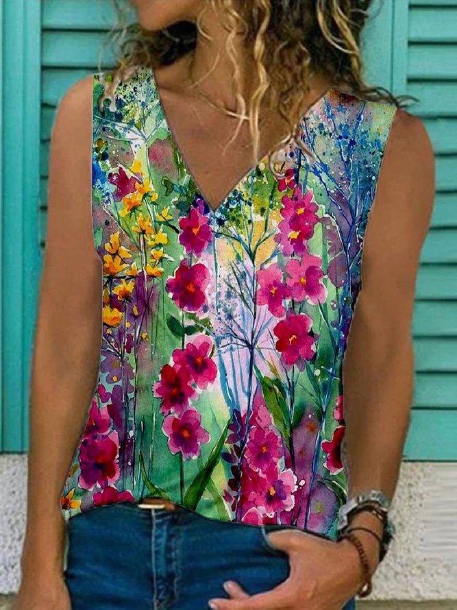 Sleeveless Casual V Neck Floral T-shirt