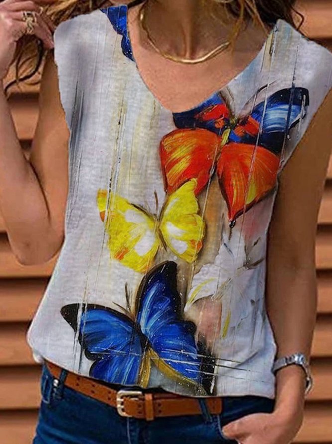 Butterfly Oil Painting Art Sleeveless Casual V Neck T-shirt