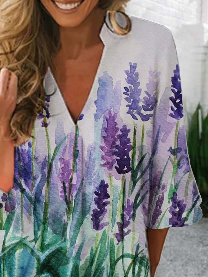 Floral Half Sleeve  Printed  Polyester  V neck  Casual  Summer  Blue Top