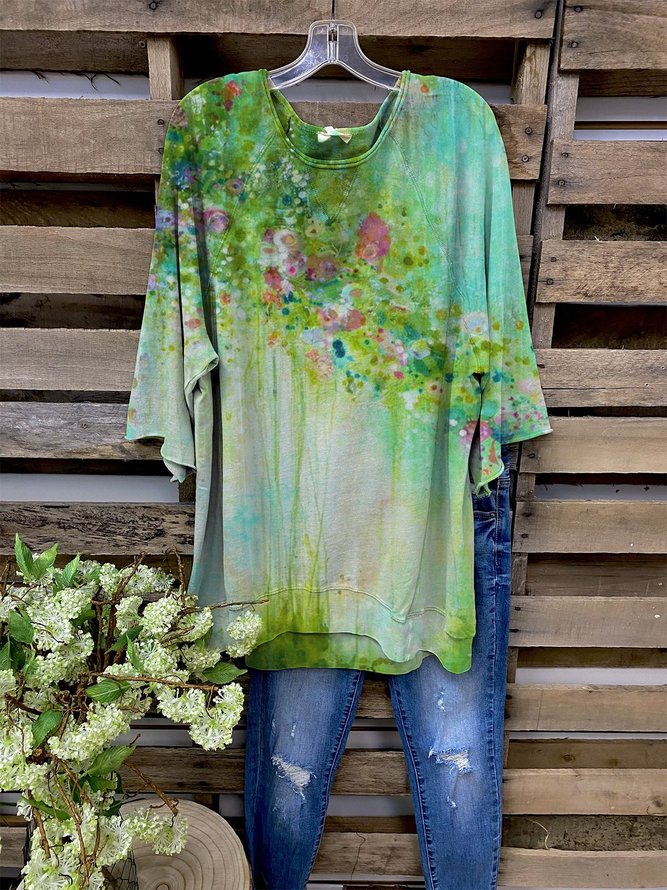 Green Field Ombre/tie-Dye Half Sleeve Pastoral T-shirt