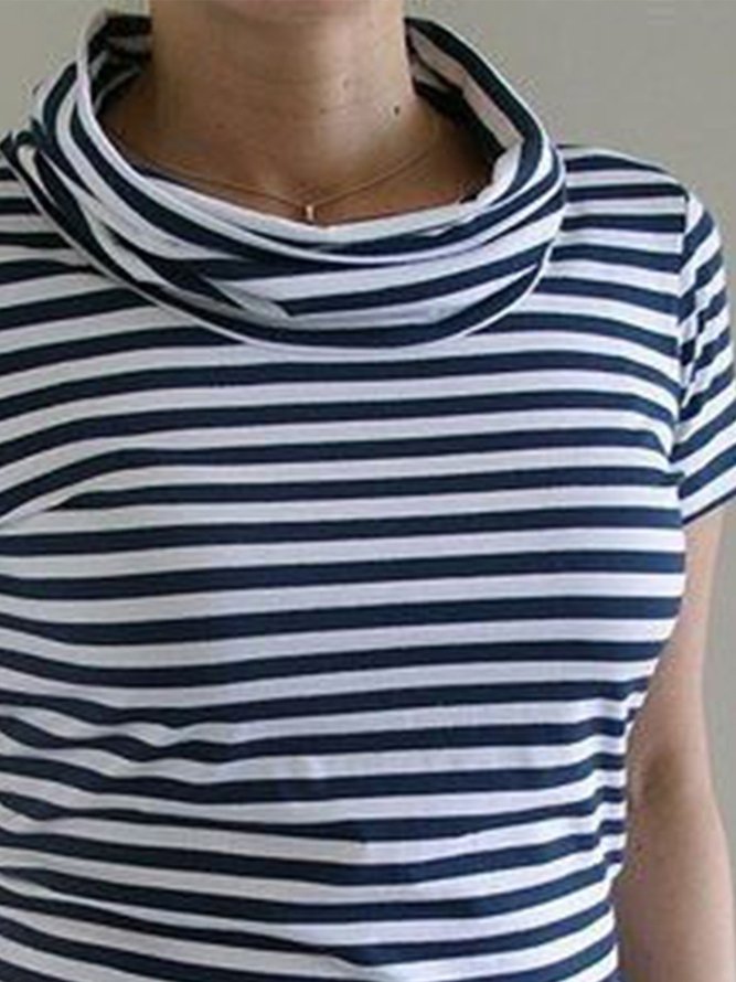 Vintage Striped Statement Plus Size Short Sleeves Cowl Neck Casual Tops