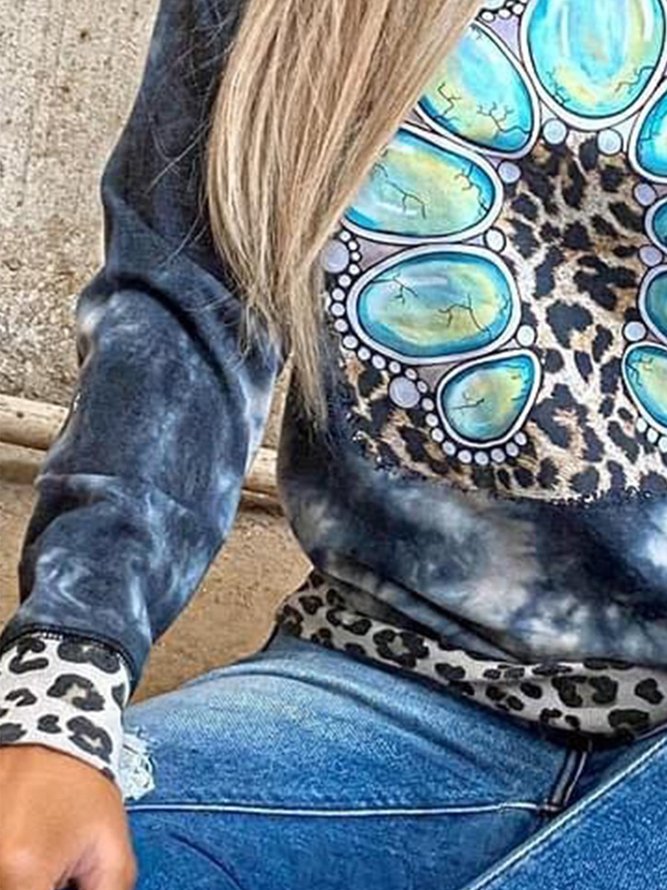 Casual Round Neck Leopard Tops