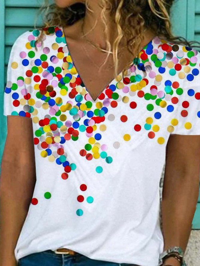Polka Dots  Short Sleeve  Printed  Cotton-blend V neck  Casual  Summer White Top