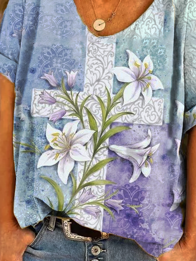 Floral V Neck Shift Casual T-shirt